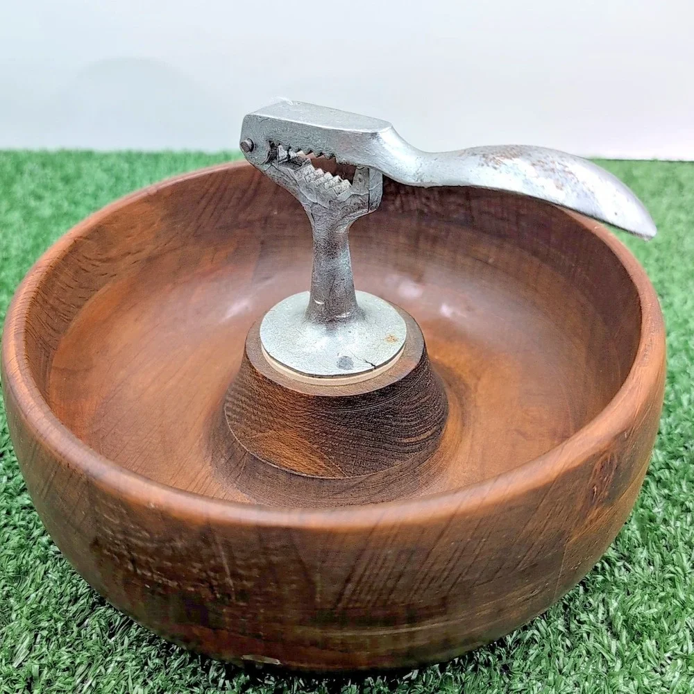 VTG Danish MCM Hellerware‎ Real Wood Bowl w/Chrome Nutcracker 9